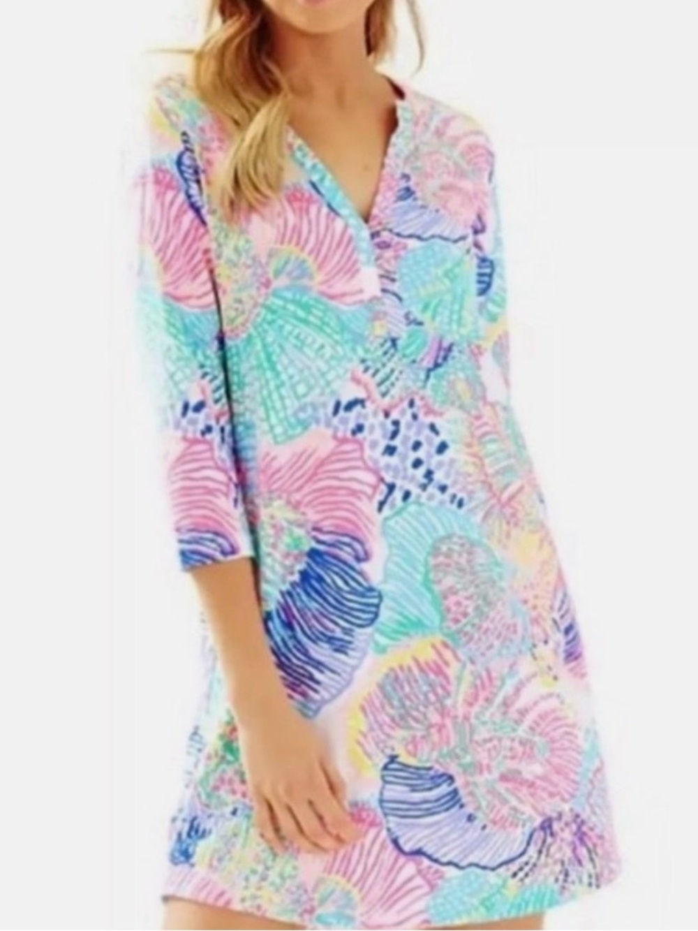 Lilly Pulitzer Ali T-Shirt Dress Out To Sea Pima Cotton 3/4 Sleeve XS EUC